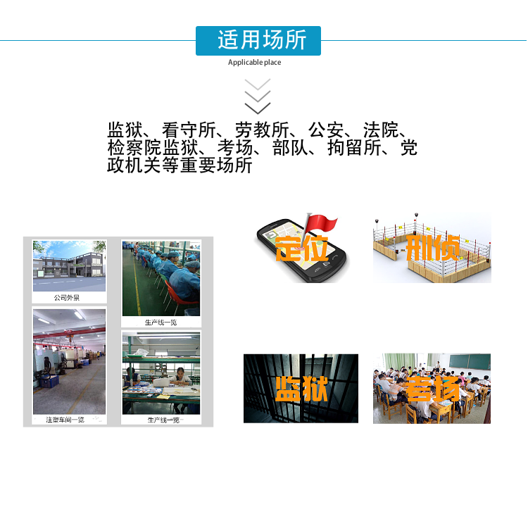 我廠采用國外先進技術，主要針對國內高考、成人高考、自學考試及各類大專院校在考試過程中，一些不法分子利用手機作弊的現狀，且同時結合各類中級、高級中學學生利用手機在上課時間亂發(fā)短信的現狀，以及政機關、企業(yè)各類大中小型會議室、音樂廳、影劇院等嚴肅的場所中手機所帶來的煩惱和吵雜根據國內移動通信實際情況精心研制成功的高科技產品